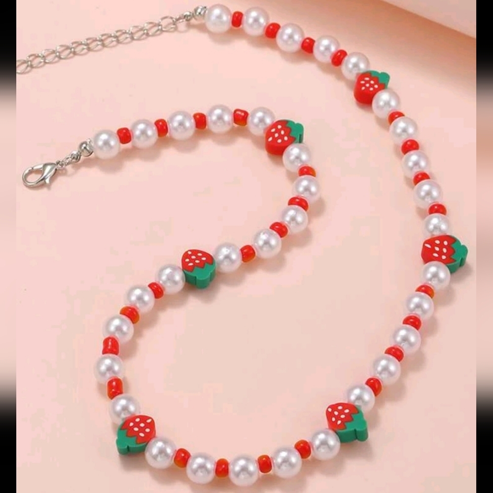 Strawberry & Faux Pearl Beaded Necklace